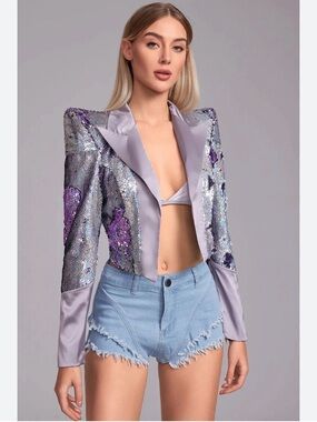 Sequin Lavender Pink Grey Cropped Blazer Jacket - Women's
